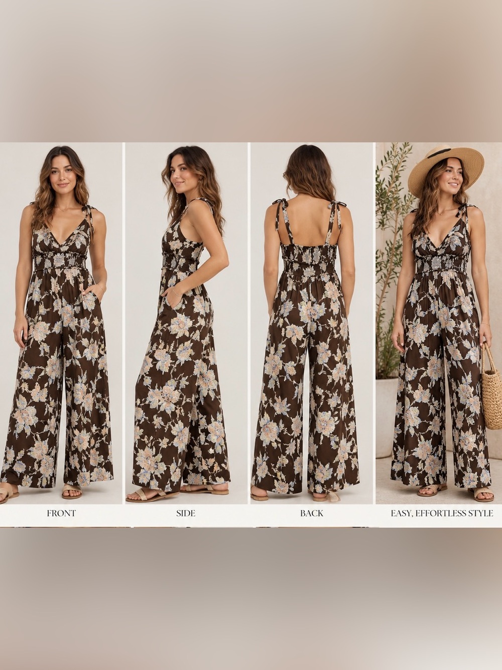 Patrons of Peace Jumpsuit L Brown Floral Smocked Wide Leg Boho Resort Tie Strap